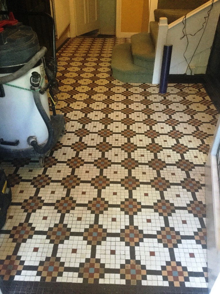 Edwardian Mosaic Tiled Hallway Floor Before Cleaning Abington Park