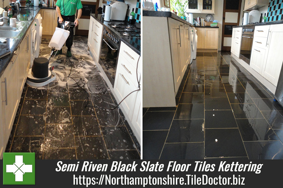 Dull and Stained Semi Riven Black Slate Floor Tiles in Kettering