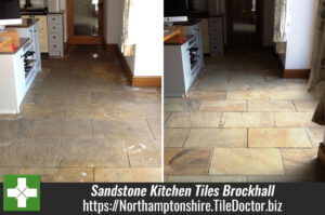 Heavily Soiled and Stained Sandstone Kitchen Tiles Cleaned and Sealed in Brockhall