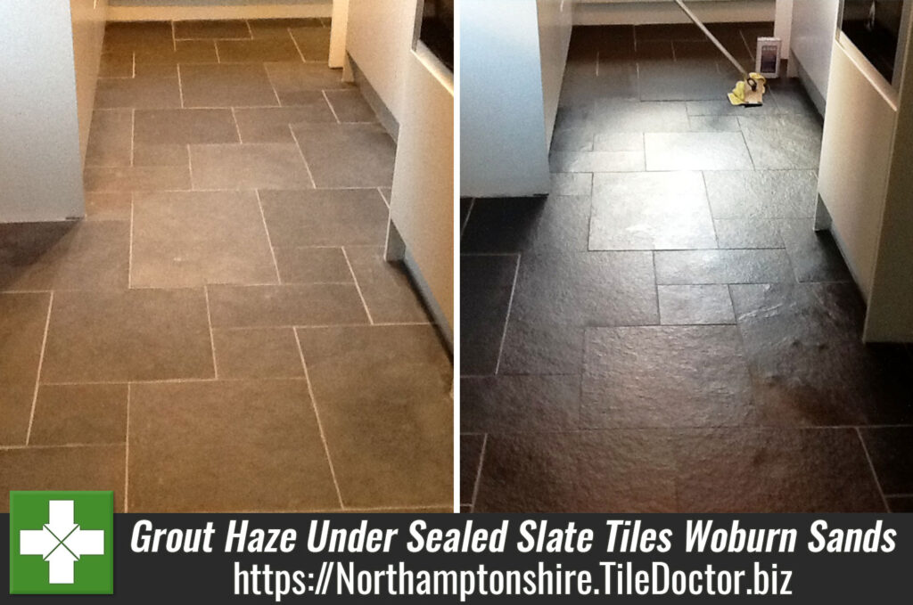 Grout Haze Trapped Under Sealed Slate Tiles in Woburn Sands