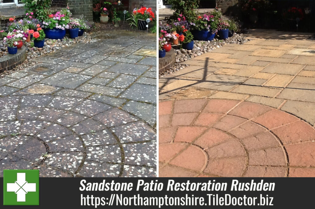 Stained and Damaged Sandstone Patio Restoration in Rushden