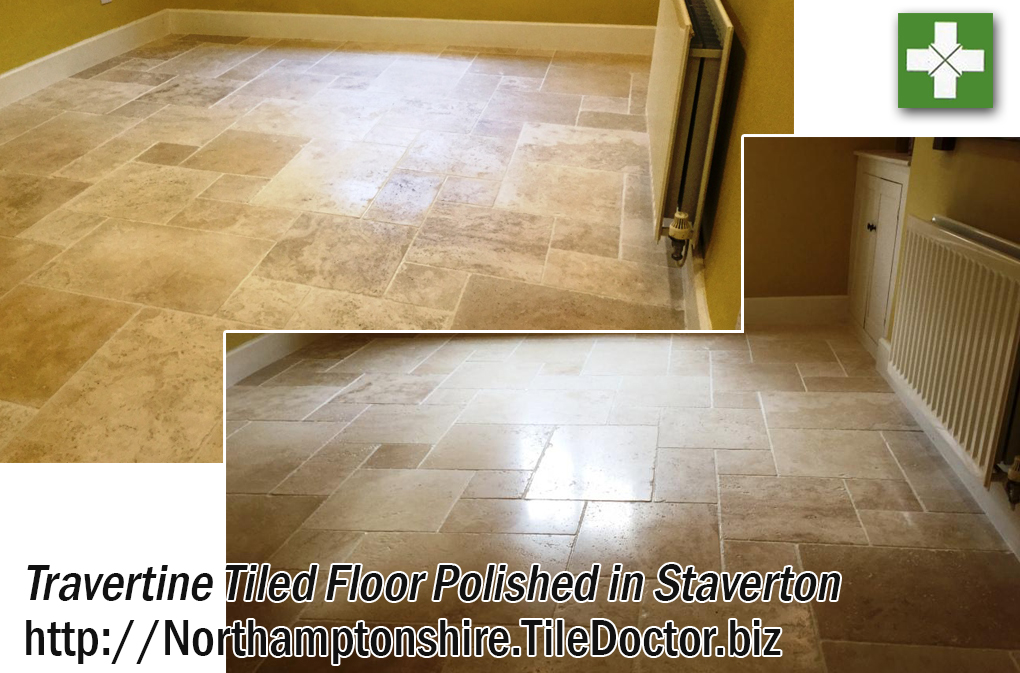 Travertine tile before and after polishing in Staverton