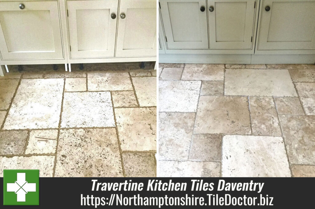 Badly Stained and Pitted Travertine Kitchen Tiles Restored in Daventry