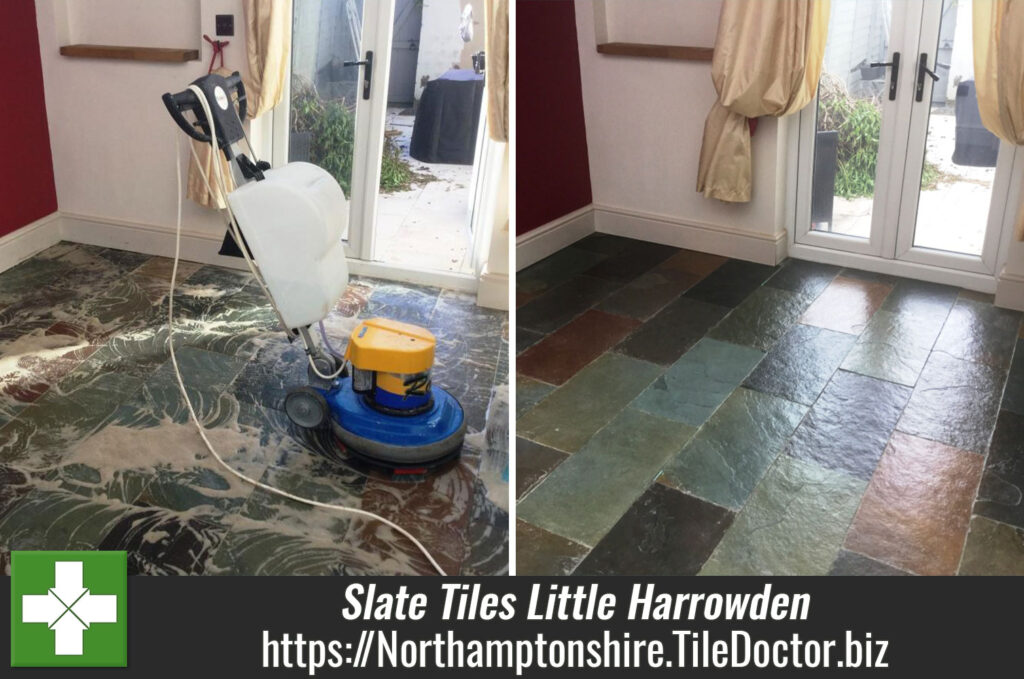 Dull and Dirty Slate Tiles Deep Cleaned and Sealed in Little Harrowden