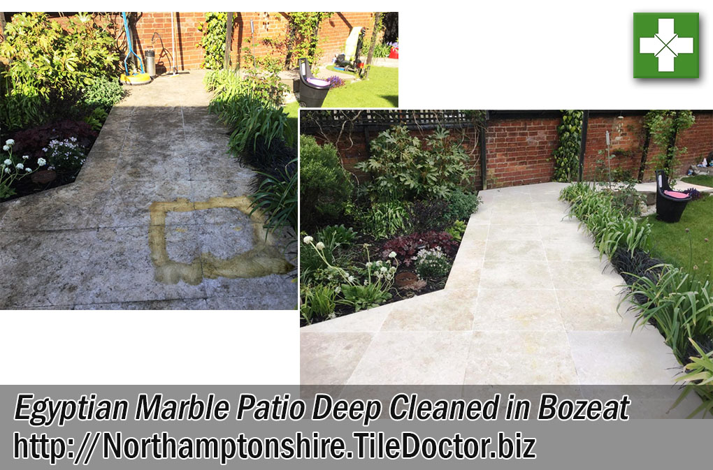 Egyptian Marble Tiled Patio Before and After Cleaning in Bozeat