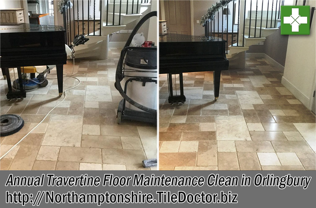 Annual Travertine Tile Before and After Maintenance Clean in Orlingbury