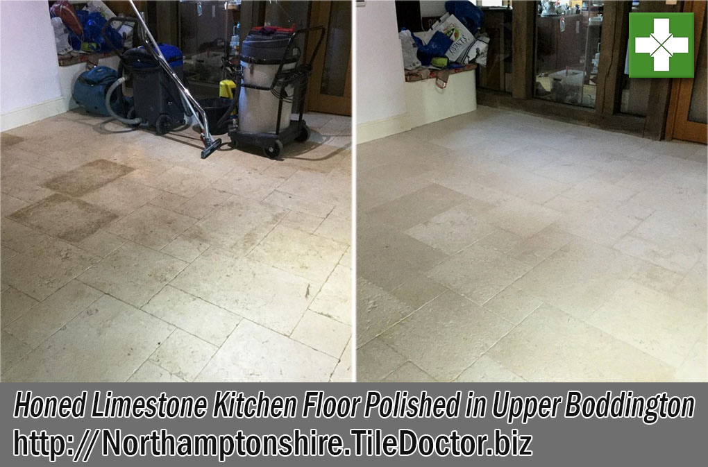 Limestone Tiled Kitchen Before and After Polishing Upper Boddington